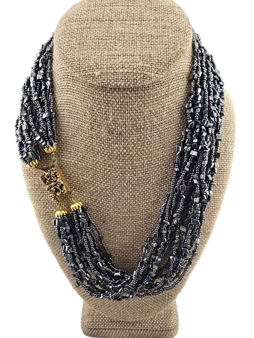 14-Strand Hematite Beaded Necklace 21" Ornate Gold-Tone Clasp Made In Italy BOLD